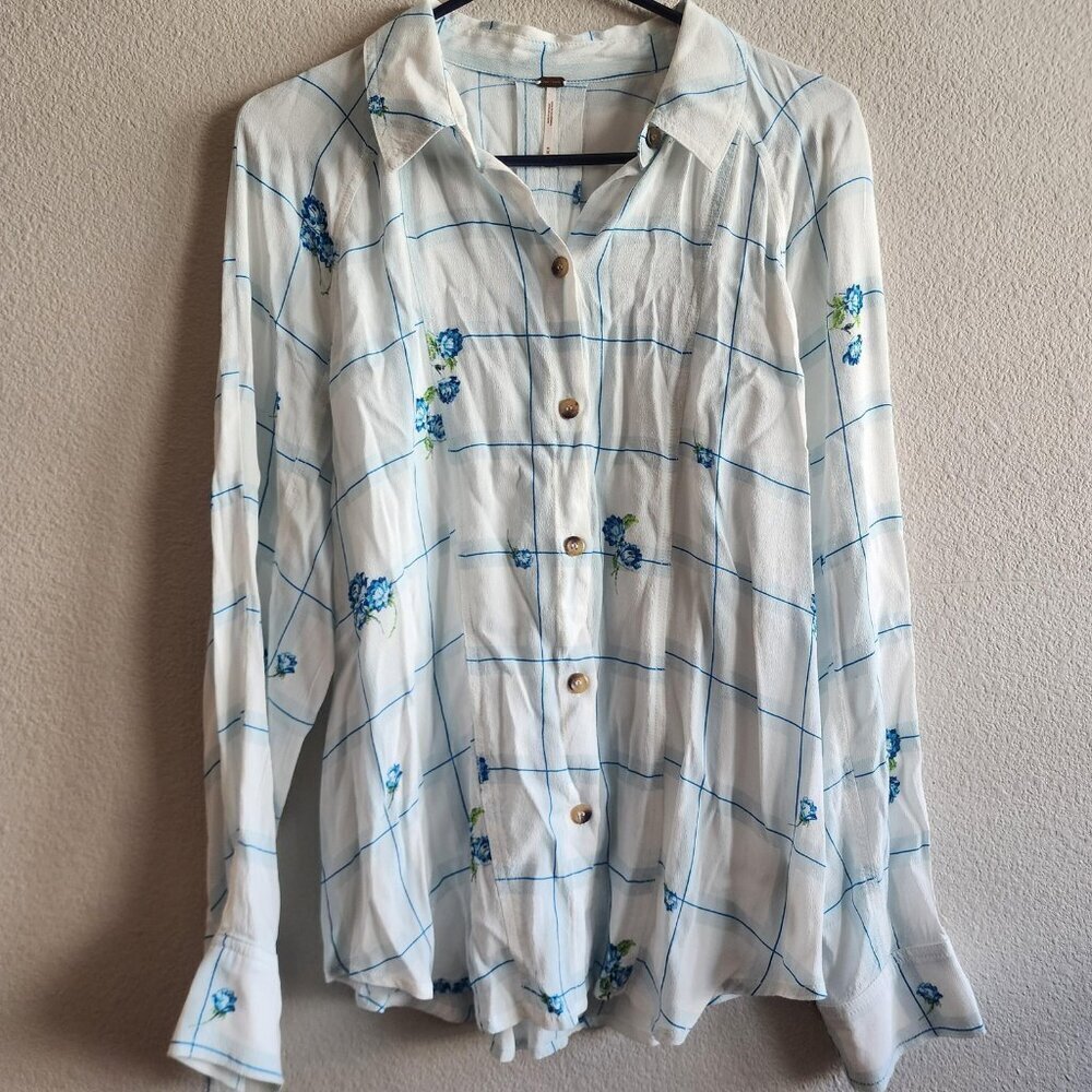 Free People Shirt Womens Medium Floral Plaid Button Up Long Sleeve Top